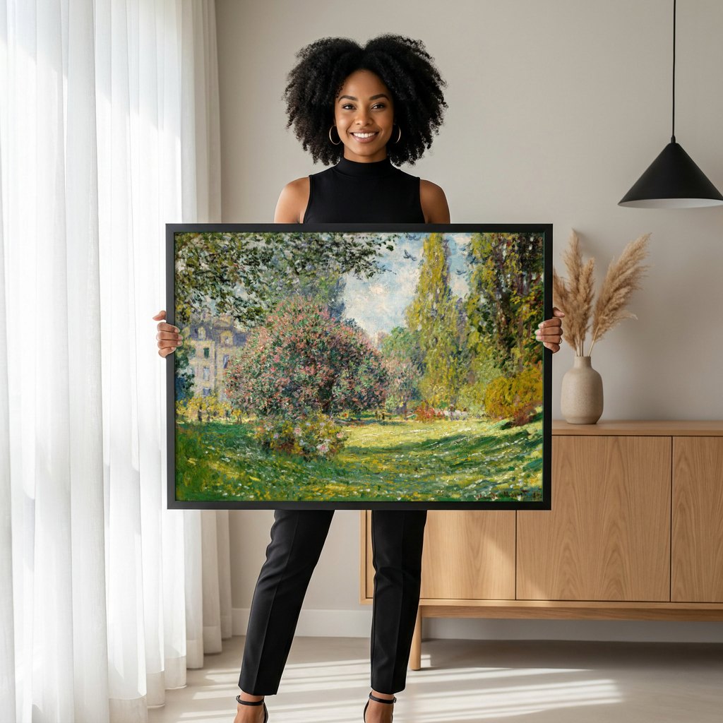 Quadro Decorativo Jardim de Monet - Claude Monet | modelo apresentando o quadro emoldurado