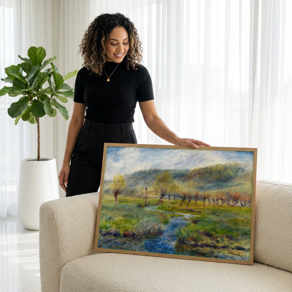 Quadro Decorativo Paisagem com Riacho - Renoir | modelo apresentando o quadro emoldurado
