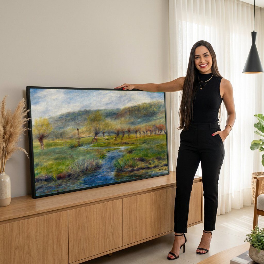 Quadro Decorativo Paisagem com Riacho - Renoir | modelo apresentando o quadro emoldurado