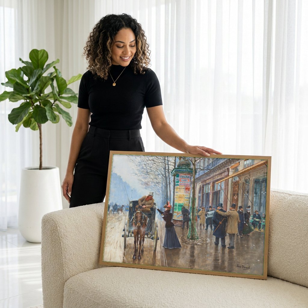 Quadro Decorativo Cena de Rua Parisiense - Jean Béraud | modelo apresentando o quadro emoldurado