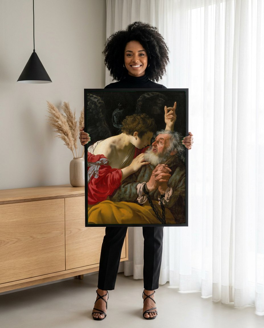 Quadro Decorativo A Libertação de São Pedro - Hendrick ter Brugghen | modelo apresentando o quadro emoldurado