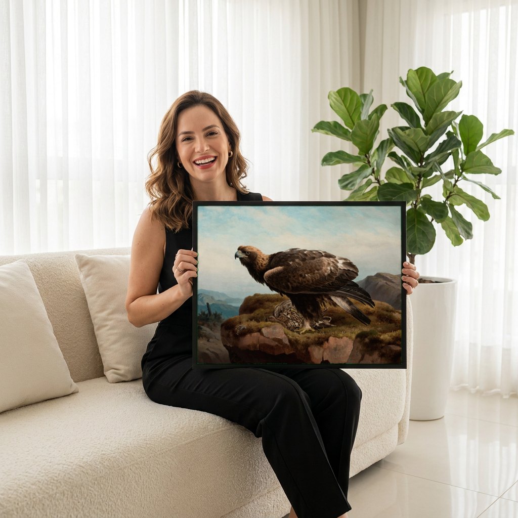 Quadro Decorativo Águia Real e Tetraz - Ferdinand von Wright | modelo apresentando o quadro emoldurado