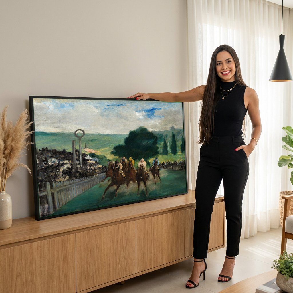 Quadro Decorativo A Corrida de Cavalos em Longchamp - Manet | modelo apresentando o quadro emoldurado