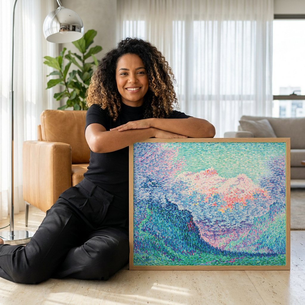 Quadro Decorativo Montanhas ao Entardecer - Paul Signac | modelo apresentando o quadro emoldurado