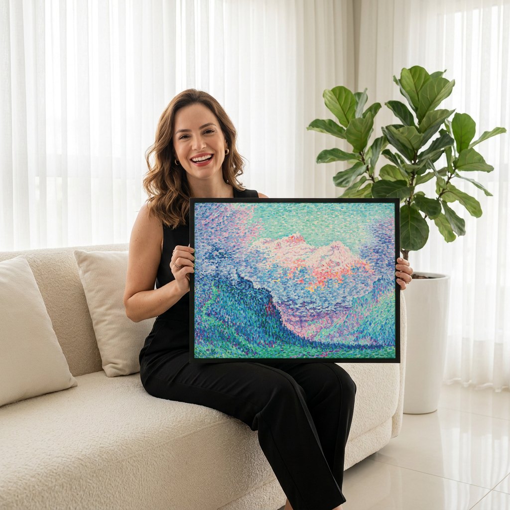 Quadro Decorativo Montanhas ao Entardecer - Paul Signac | modelo apresentando o quadro emoldurado