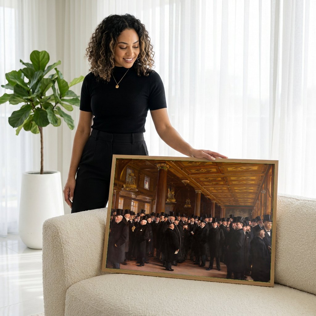Quadro Decorativo A Bolsa de Copenhague - Peder Severin Krøyer | modelo apresentando o quadro emoldurado