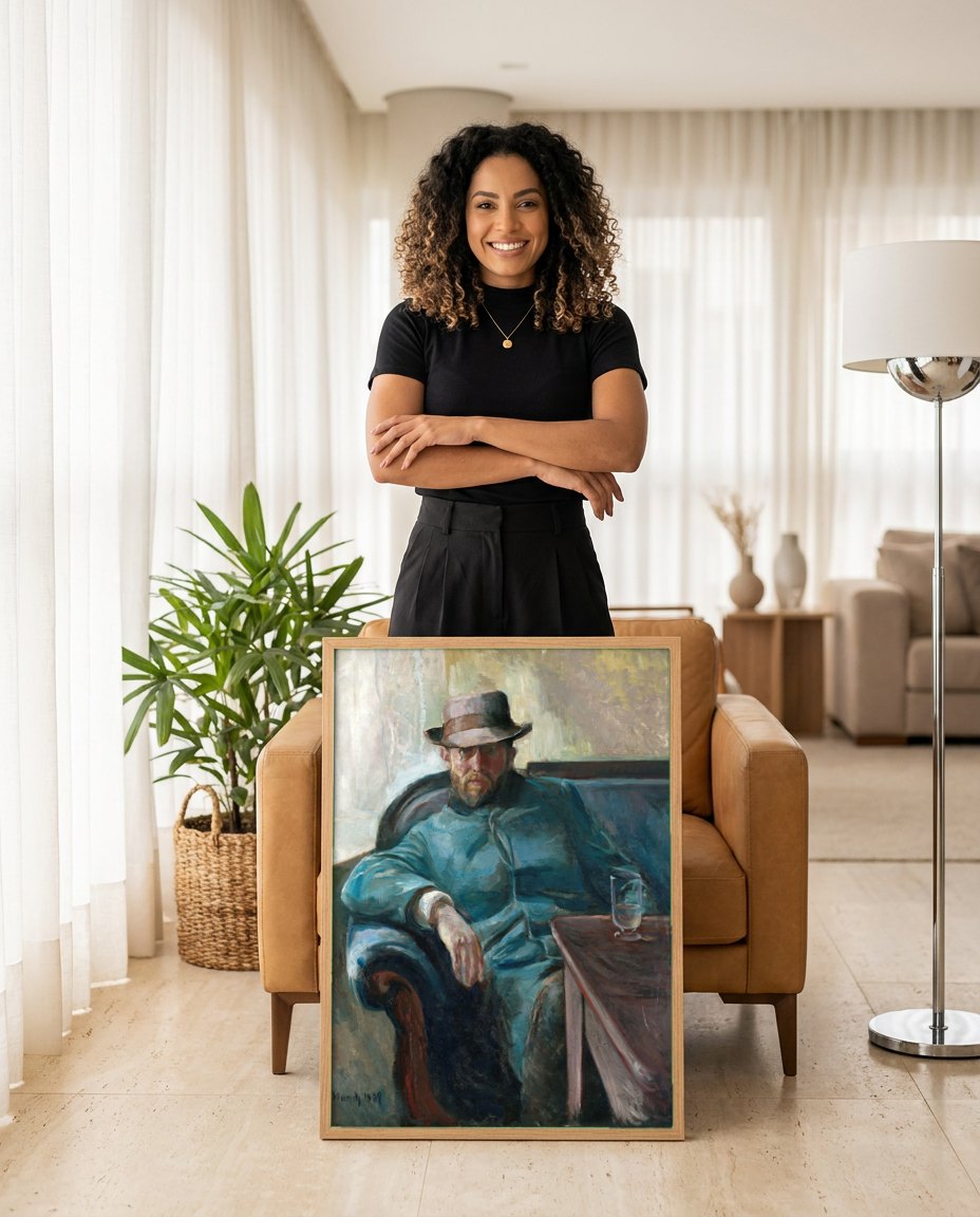 Quadro Decorativo Autorretrato com Chapéu – Edvard Munch | modelo apresentando o quadro emoldurado