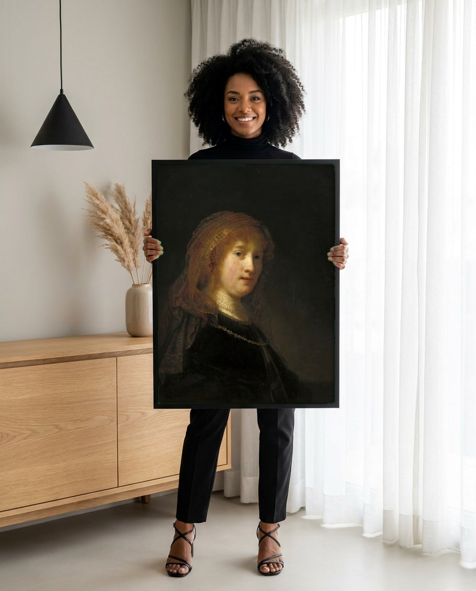 Quadro Decorativo Retrato de Mulher Jovem - Rembrandt | modelo apresentando o quadro emoldurado