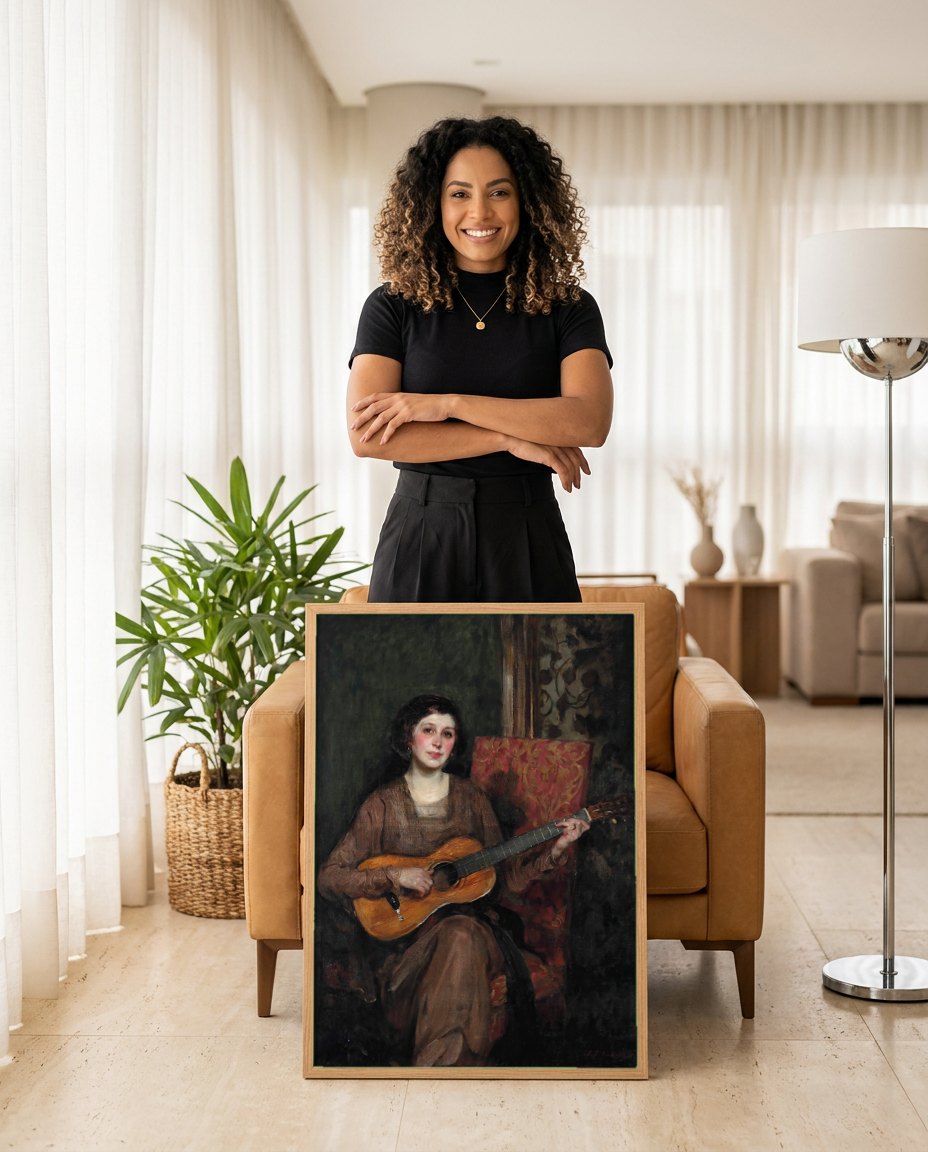 Quadro Decorativo A Guitarrista - James Jebusa Shannon | modelo apresentando o quadro emoldurado