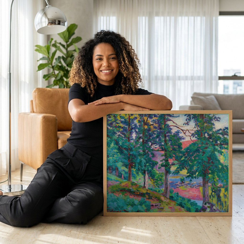 Quadro Decorativo Paisagem com Árvores e Rio - Guillaumin | modelo apresentando o quadro emoldurado