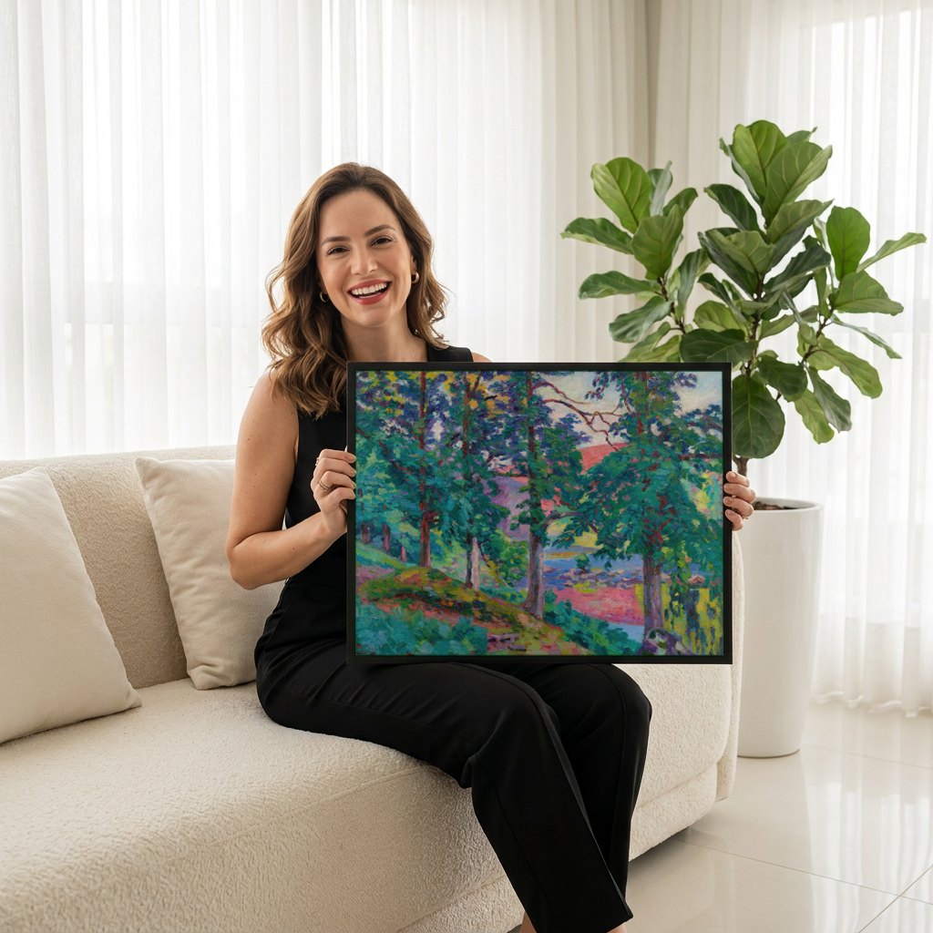 Quadro Decorativo Paisagem com Árvores e Rio - Guillaumin | modelo apresentando o quadro emoldurado