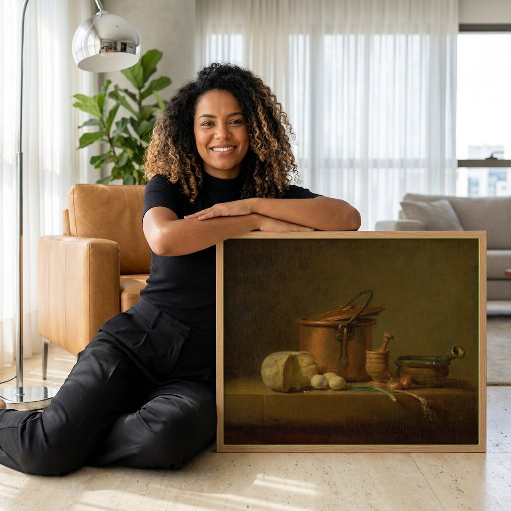Quadro Decorativo Natureza-Morta com Queijo, Ovos e Utensílios - Chardin | modelo apresentando o quadro emoldurado