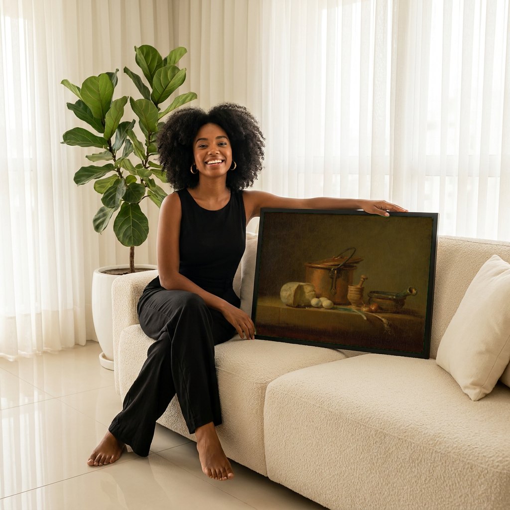 Quadro Decorativo Natureza-Morta com Queijo, Ovos e Utensílios - Chardin | modelo apresentando o quadro emoldurado