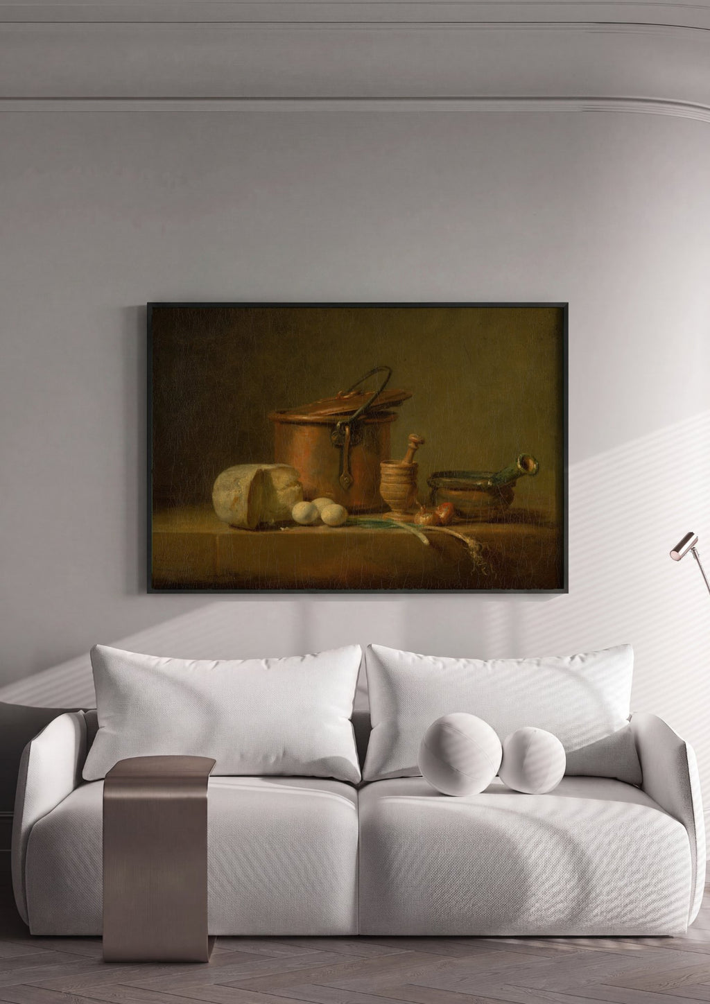 Quadro Decorativo Natureza-Morta com Queijo, Ovos e Utensílios - Chardin | quadro emoldurado na parede
