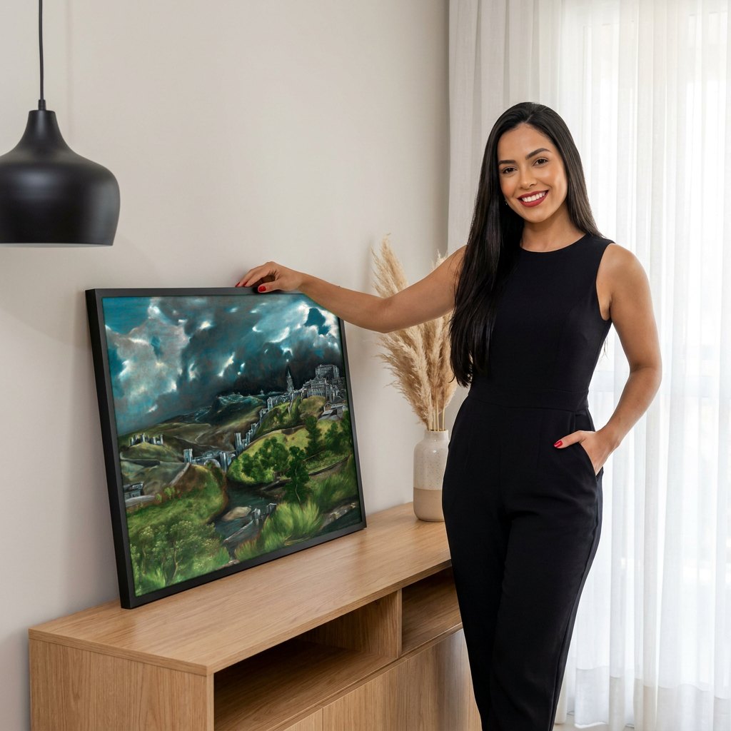 Quadro Decorativo Vista de Toledo - El Greco | modelo apresentando o quadro emoldurado