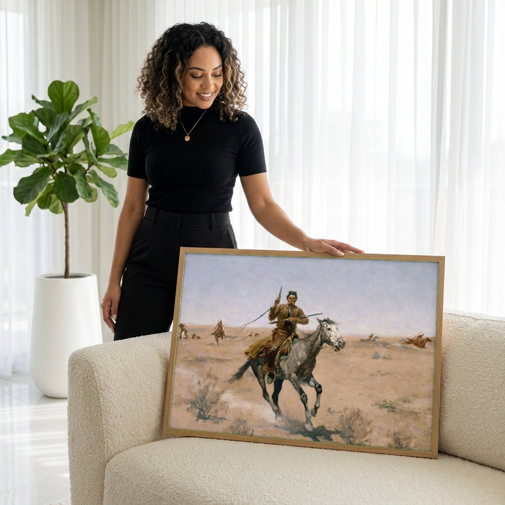 Quadro Decorativo A Fuga do Cowboy - Frederic Remington | modelo apresentando o quadro emoldurado