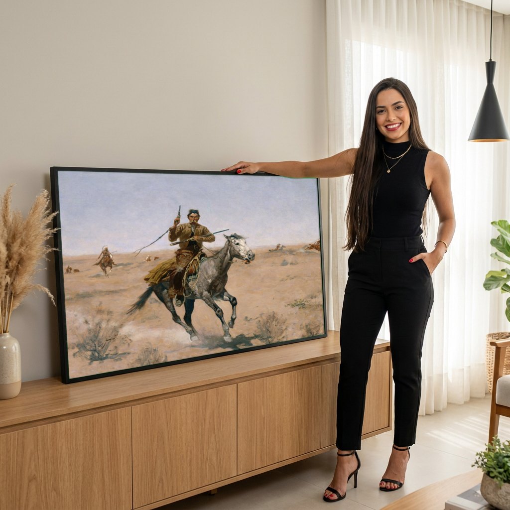 Quadro Decorativo A Fuga do Cowboy - Frederic Remington | modelo apresentando o quadro emoldurado