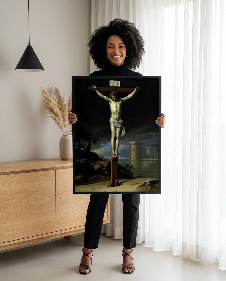 Quadro Decorativo A Crucifixão - Philippe de Champaigne | modelo apresentando o quadro emoldurado