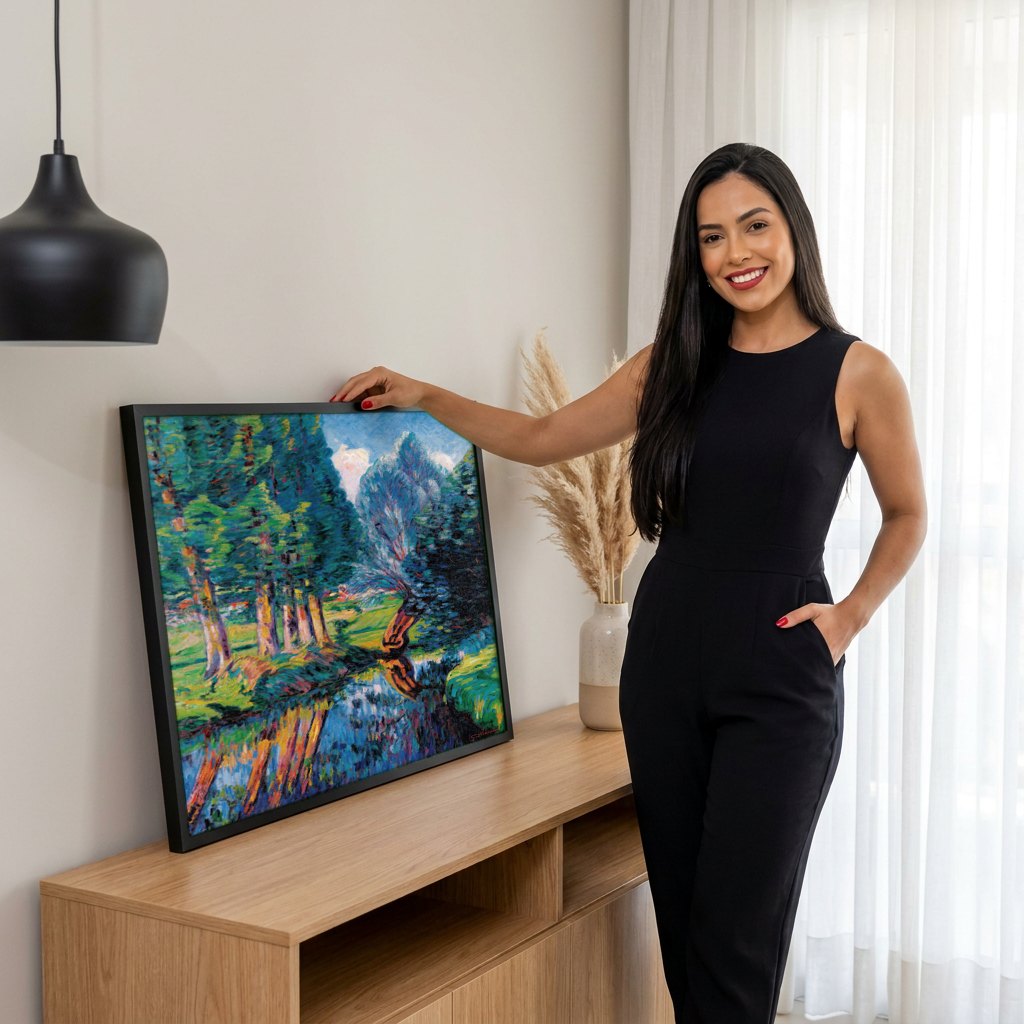 Quadro Decorativo Paisagem com Árvores e Rio - Armand Guillaumin | modelo apresentando o quadro emoldurado