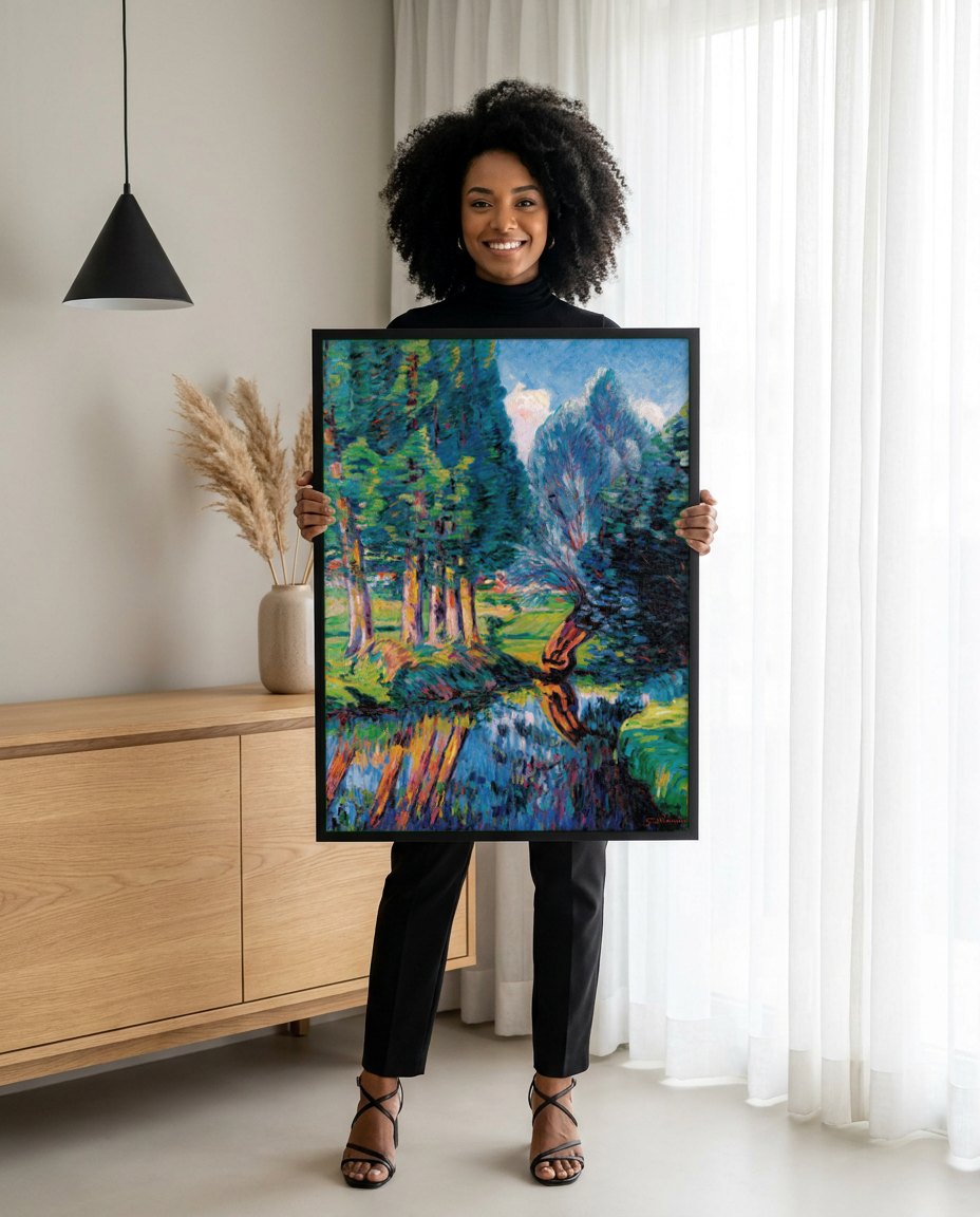 Quadro Decorativo Paisagem com Árvores e Rio - Armand Guillaumin | modelo apresentando o quadro emoldurado