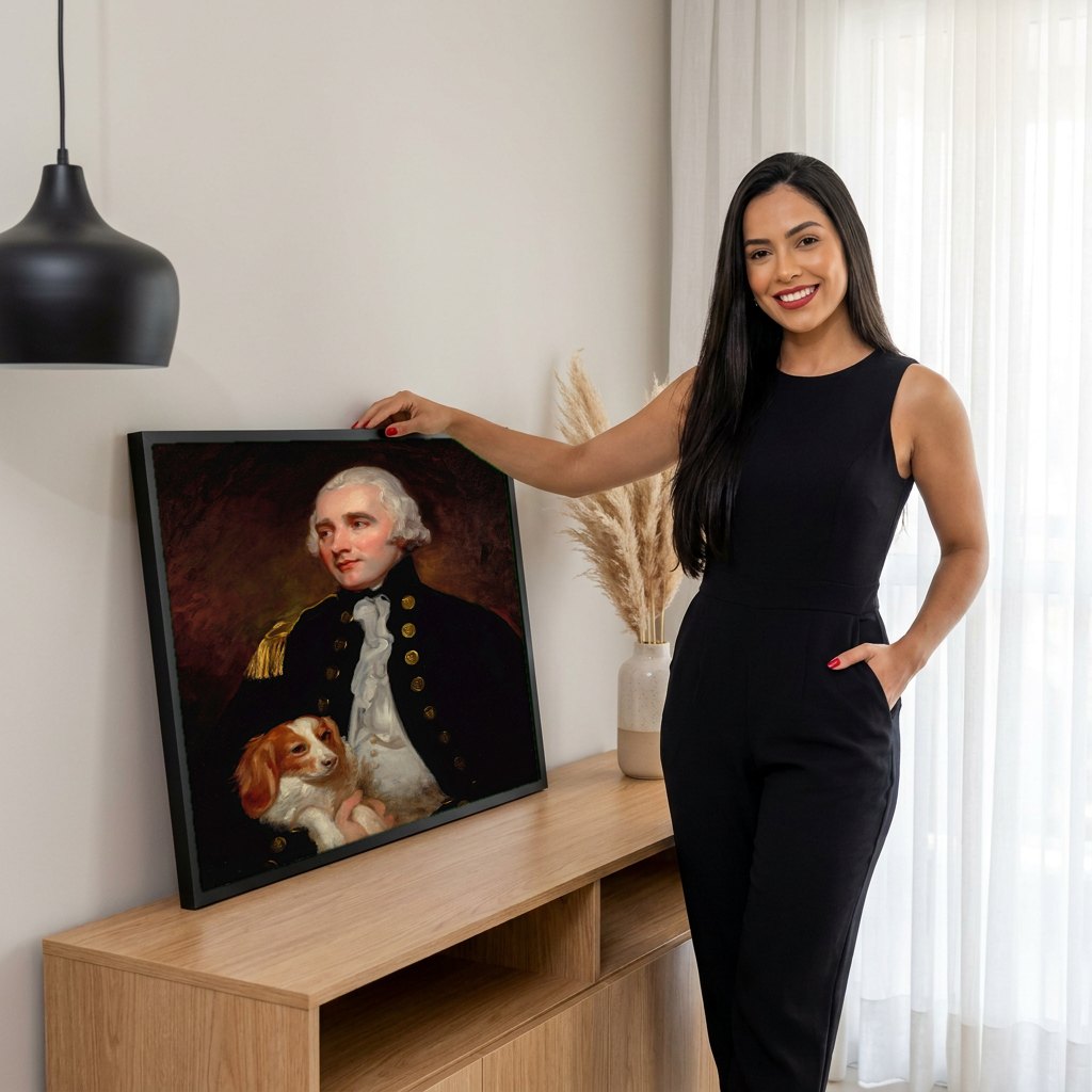 Quadro Decorativo Retrato com Cão - George Romney | modelo apresentando o quadro emoldurado