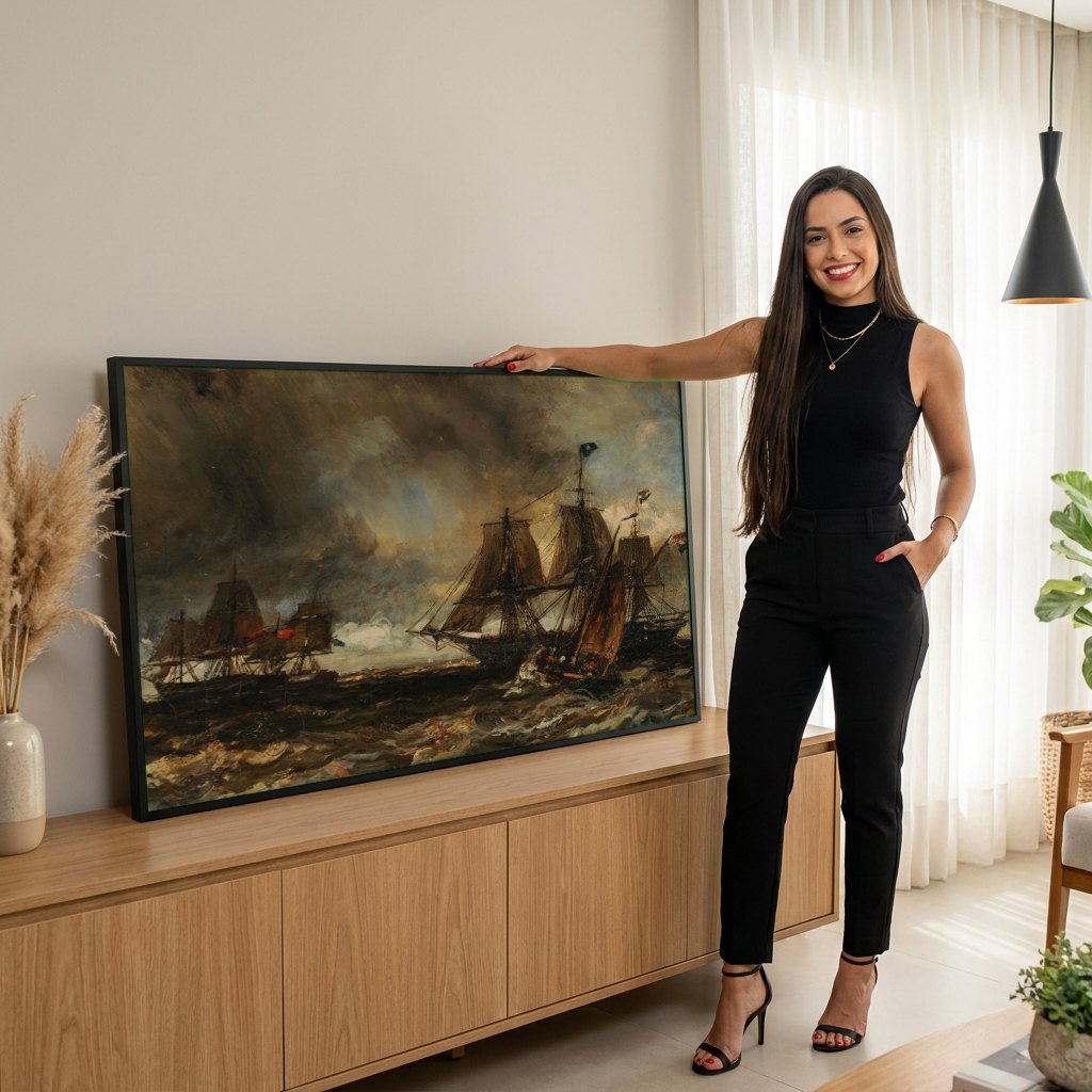 Quadro Decorativo Marinha em Tempestade - Johan Barthold Jongkind | modelo apresentando o quadro emoldurado