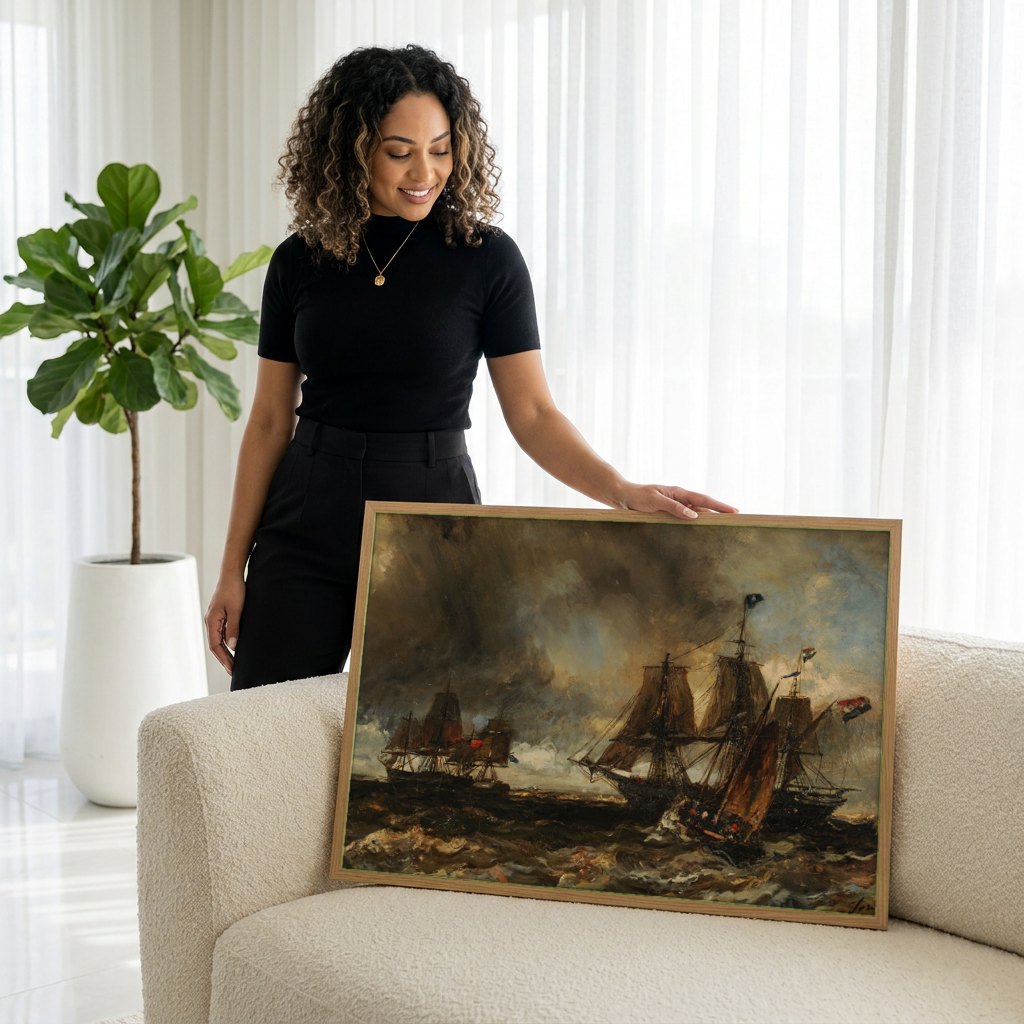 Quadro Decorativo Marinha em Tempestade - Johan Barthold Jongkind | modelo apresentando o quadro emoldurado