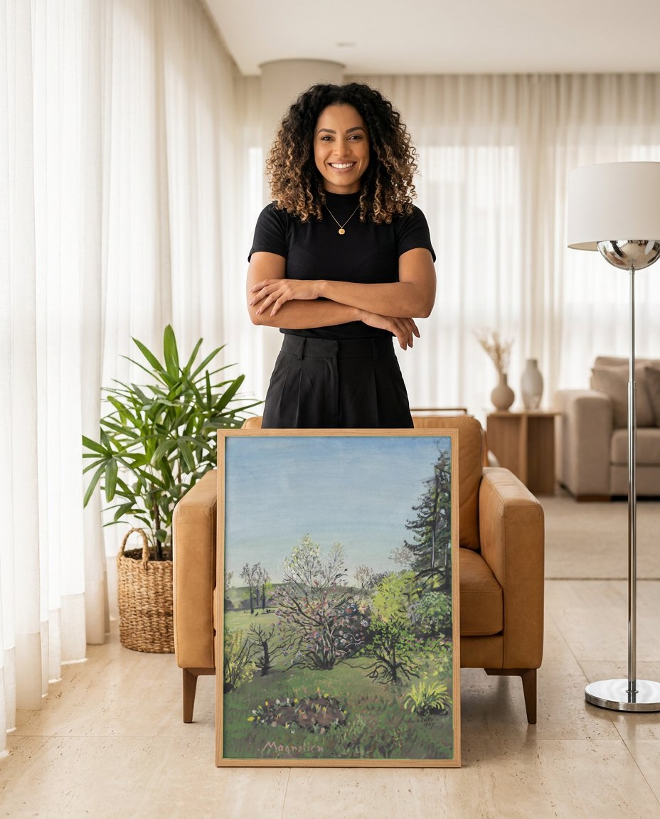Quadro Decorativo Magnolien - Oskar Laske | modelo apresentando o quadro emoldurado