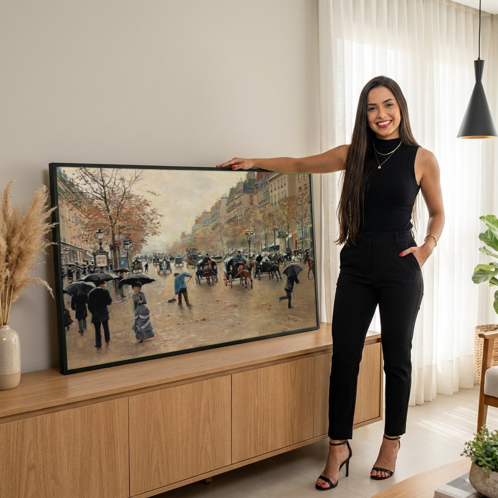 Quadro Decorativo Chuva em Paris - Jean Béraud | modelo apresentando o quadro emoldurado