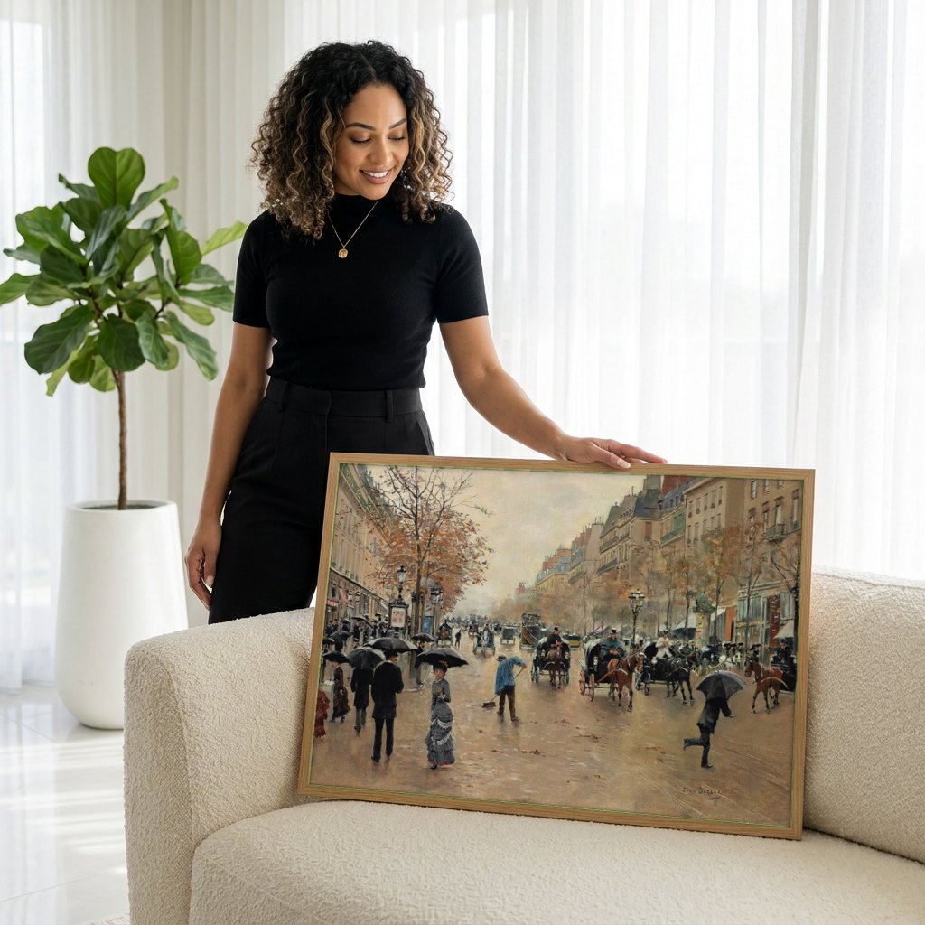 Quadro Decorativo Chuva em Paris - Jean Béraud | modelo apresentando o quadro emoldurado