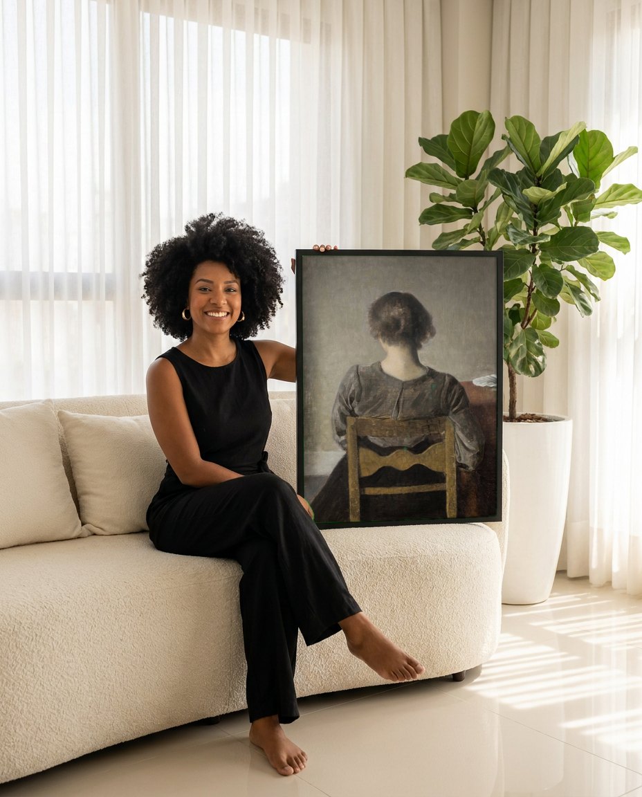 Quadro Decorativo Mulher de Costas - Hammershøi | modelo apresentando o quadro emoldurado