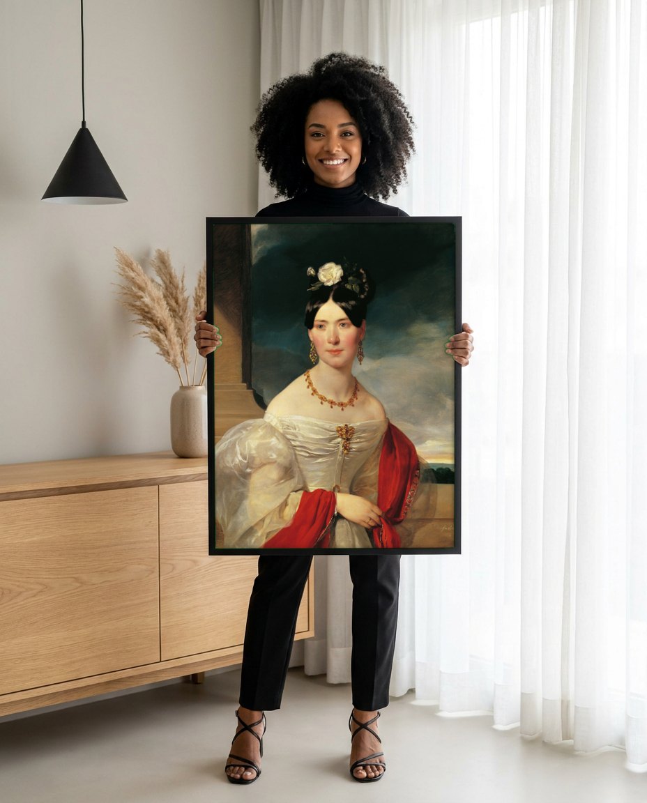 Quadro Decorativo Retrato de Mulher - Friedrich von Amerling | modelo apresentando o quadro emoldurado