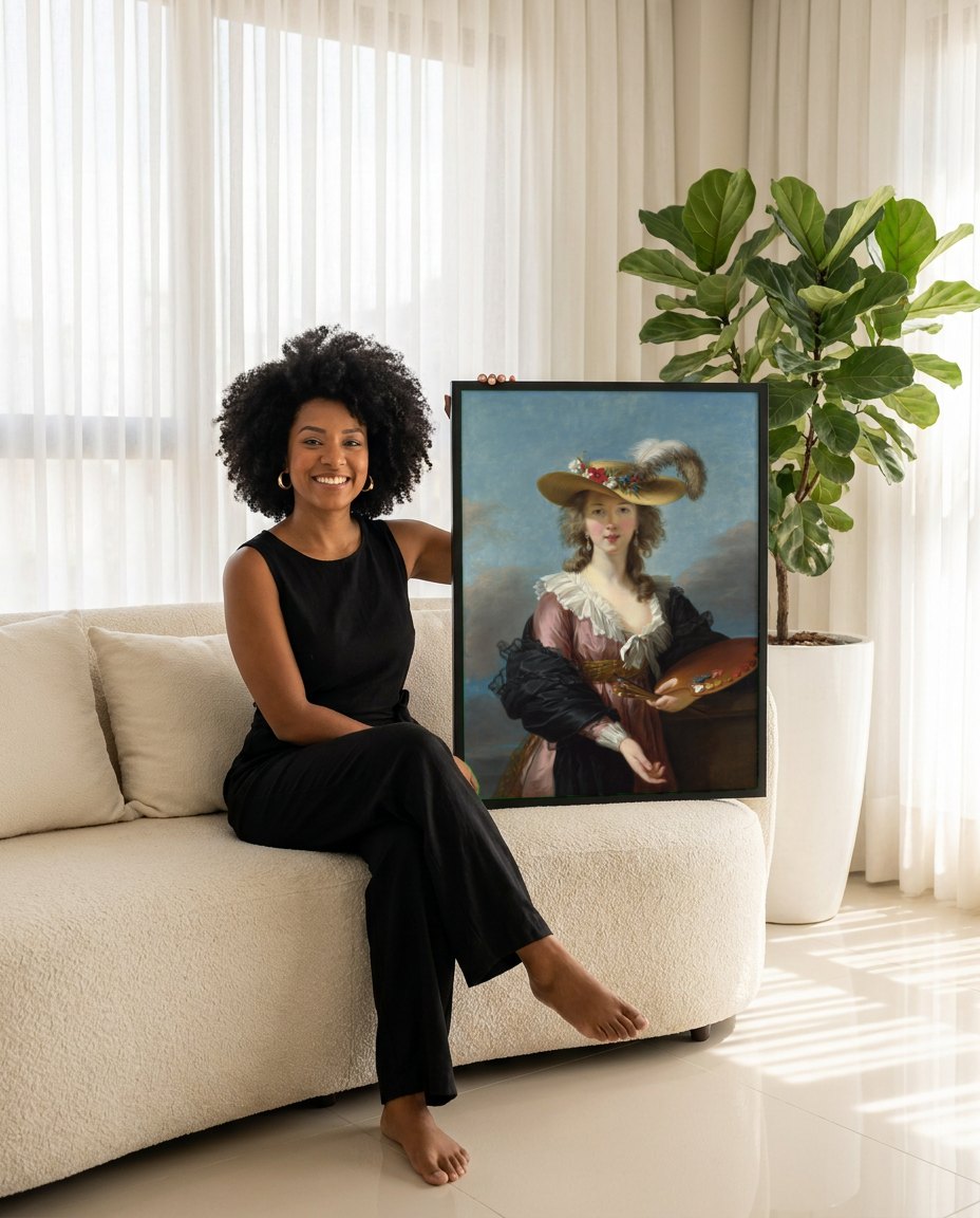 Quadro Decorativo Autorretrato com Chapéu de Palha - Vigée Le Brun | modelo apresentando o quadro emoldurado