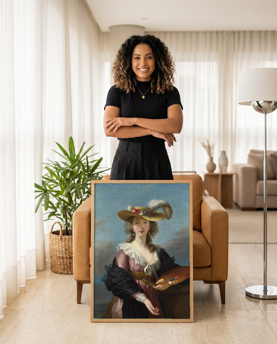 Quadro Decorativo Autorretrato com Chapéu de Palha - Vigée Le Brun | modelo apresentando o quadro emoldurado