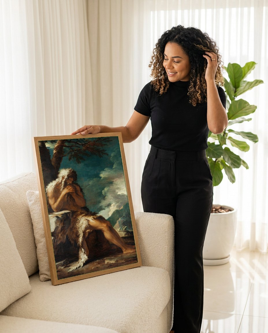 Quadro Decorativo São João Batista no Deserto - Salvator Rosa | modelo apresentando o quadro emoldurado