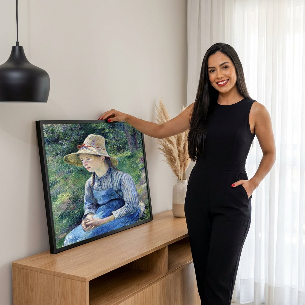 Quadro Decorativo Jovem Mulher com Chapéu de Palha - Pissarro | modelo apresentando o quadro emoldurado