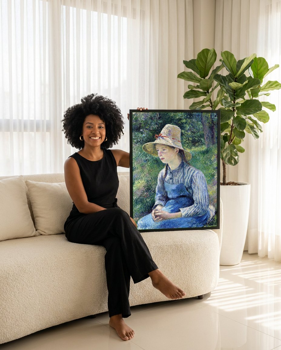 Quadro Decorativo Jovem Mulher com Chapéu de Palha - Pissarro | modelo apresentando o quadro emoldurado