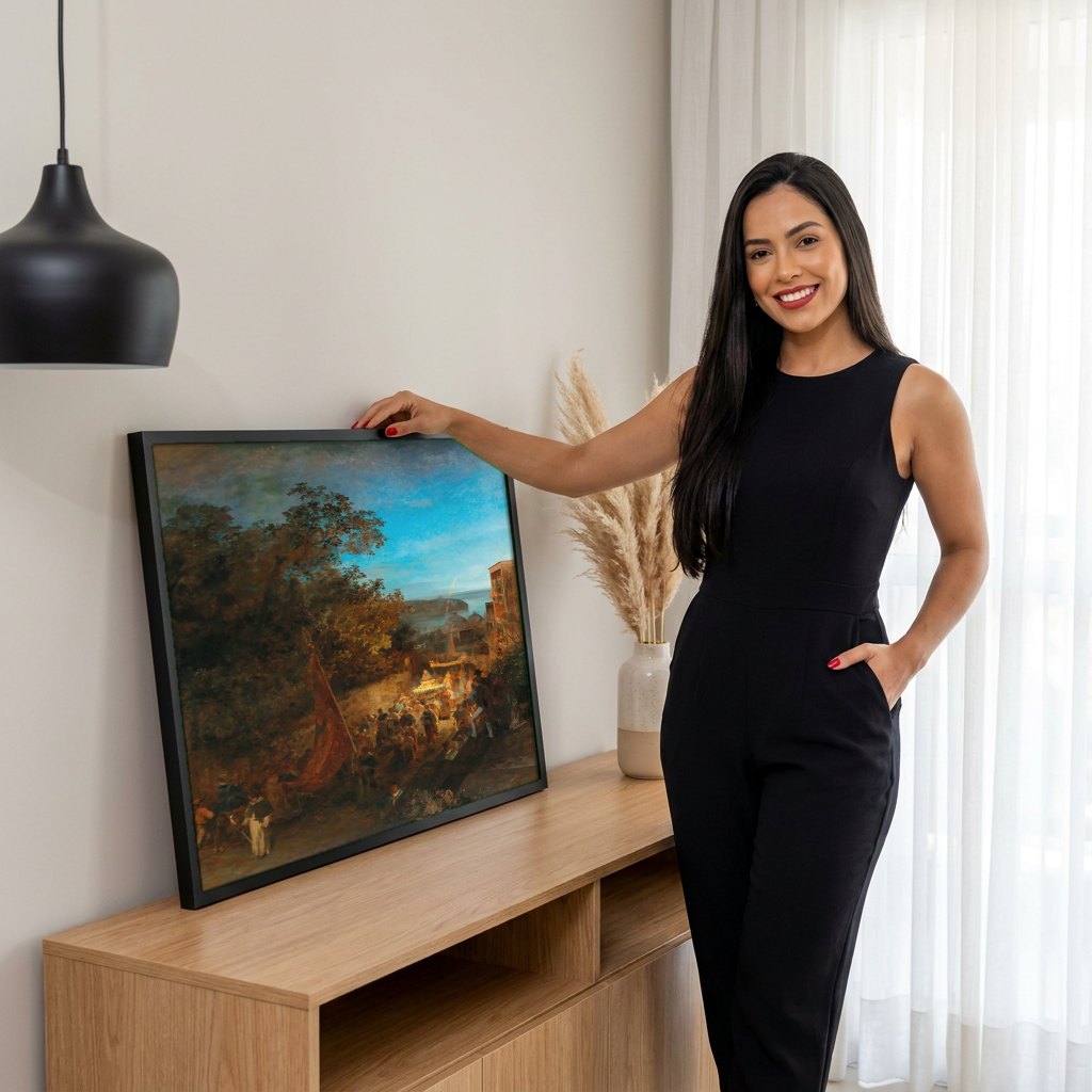 Quadro Decorativo Procissão Noturna - Achenbach | modelo apresentando o quadro emoldurado