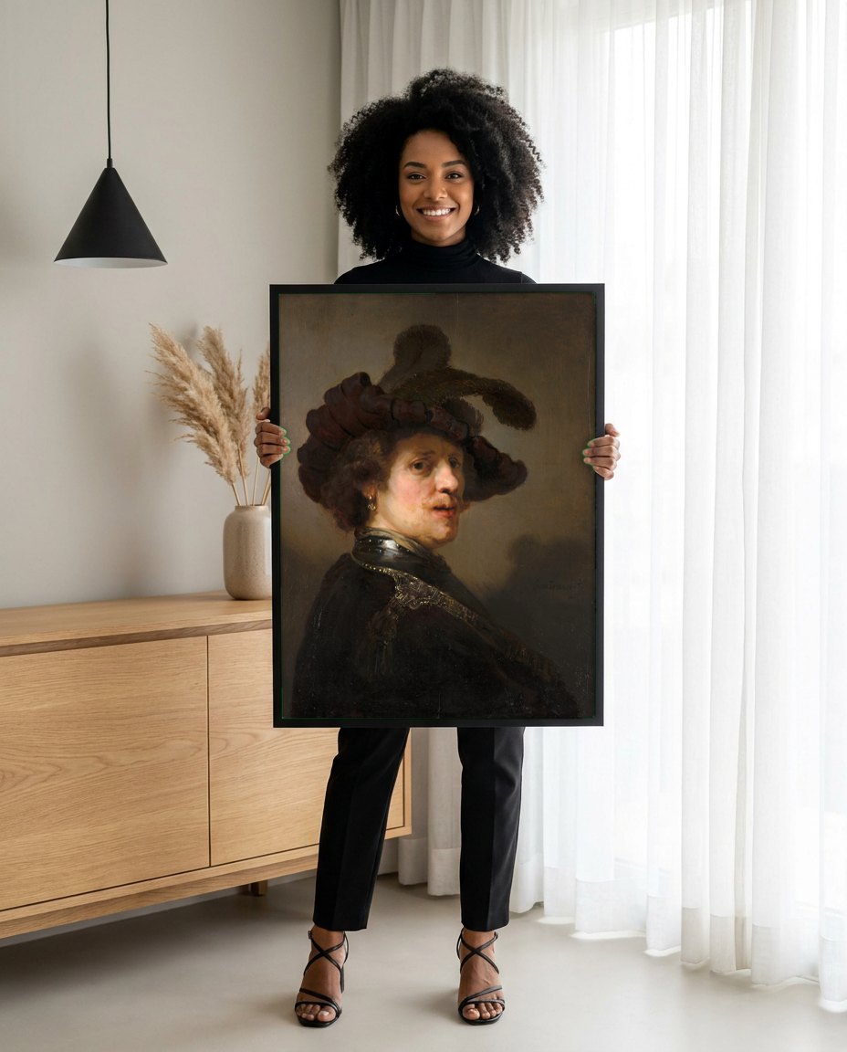 Quadro Decorativo Autorretrato com Barrete e Colar - Rembrandt | modelo apresentando o quadro emoldurado