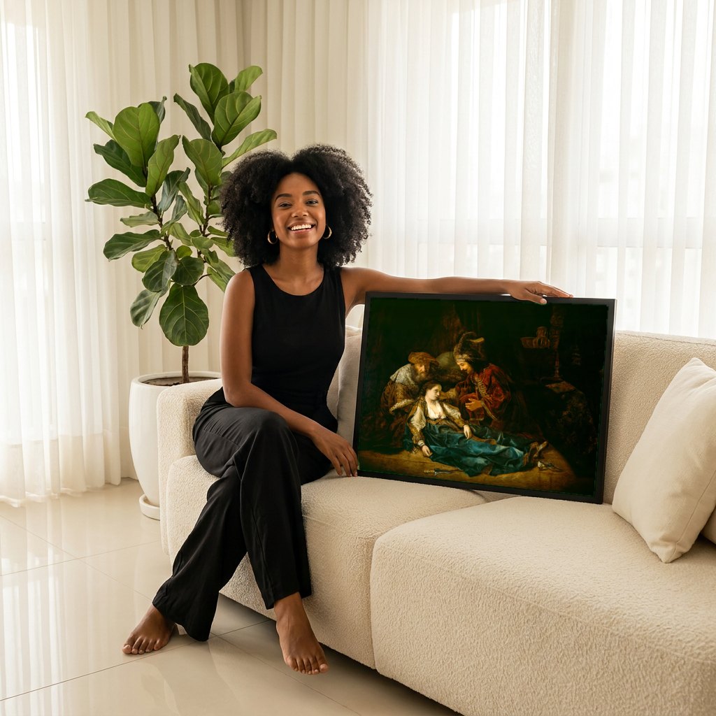 Quadro Decorativo A Morte de Lucrécia - Rembrandt | modelo apresentando o quadro emoldurado