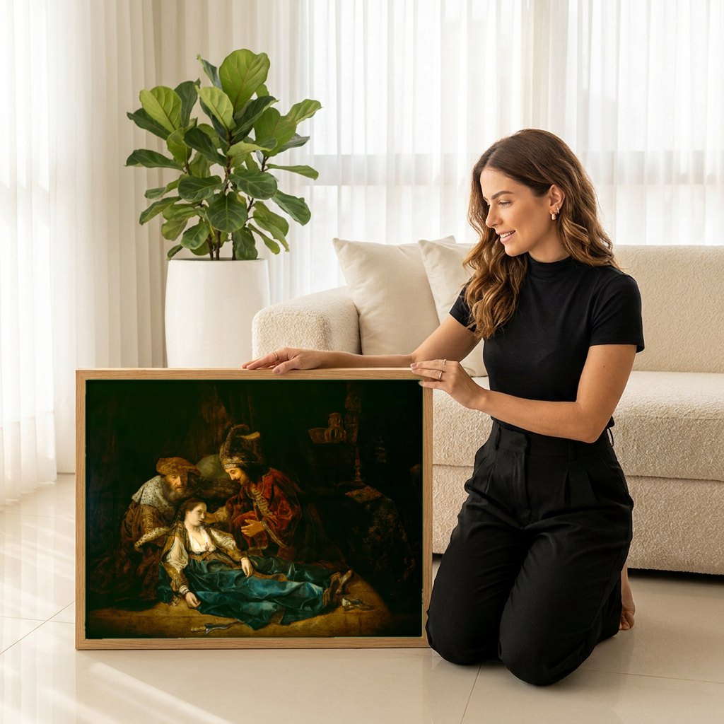 Quadro Decorativo A Morte de Lucrécia - Rembrandt | modelo apresentando o quadro emoldurado