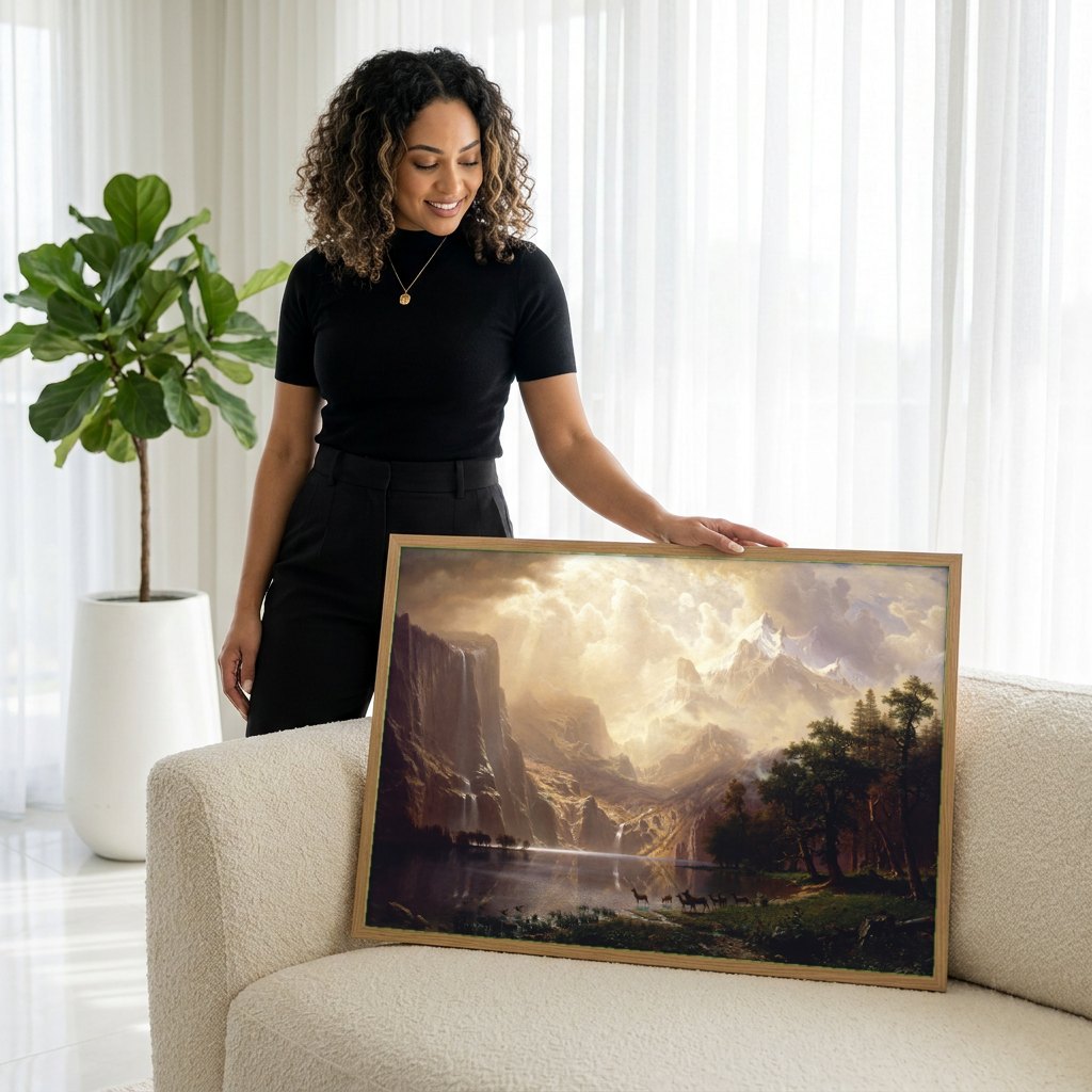 Quadro Decorativo Vale Deslumbrante - Albert Bierstadt | modelo apresentando o quadro emoldurado