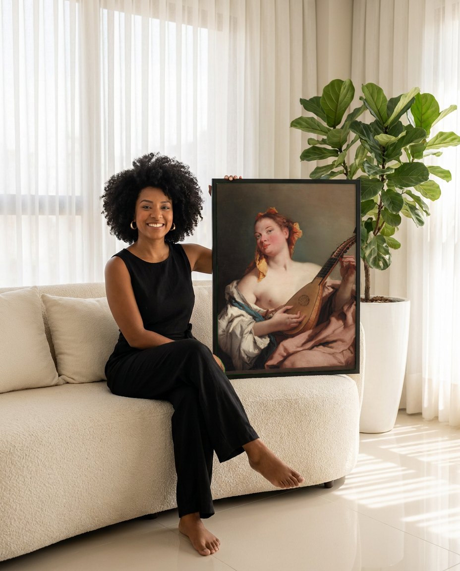 Quadro Decorativo A Mulher com o Alaúde - Tiepolo | modelo apresentando o quadro emoldurado