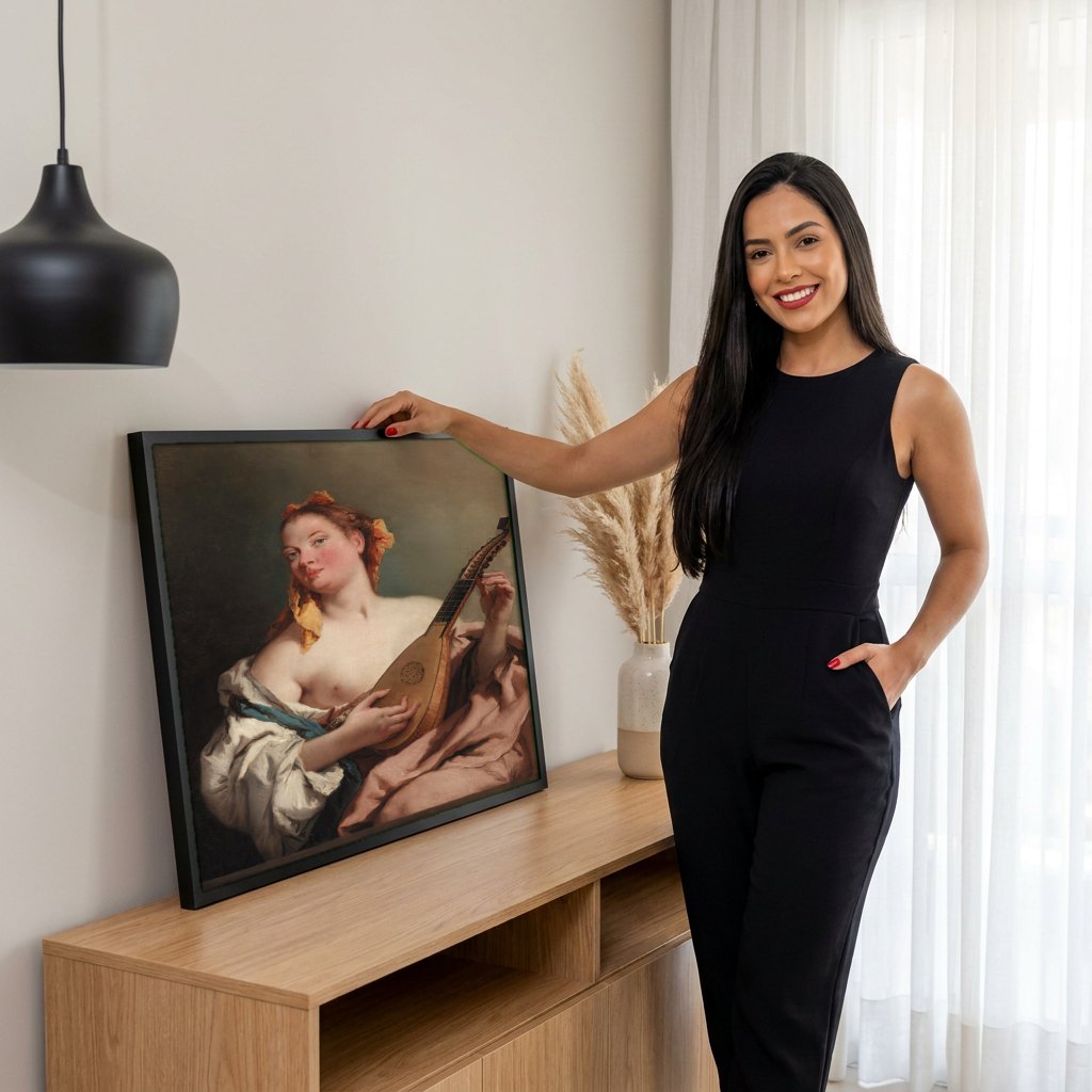 Quadro Decorativo A Mulher com o Alaúde - Tiepolo | modelo apresentando o quadro emoldurado