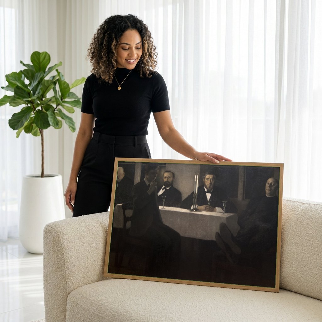 Quadro Decorativo A Grande Reunião - Vilhelm Hammershøi | modelo apresentando o quadro emoldurado