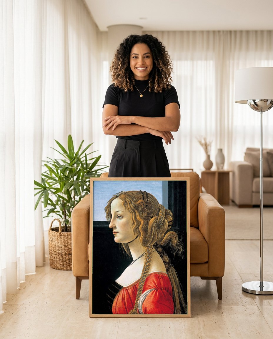 Quadro Decorativo Retrato de Jovem Mulher - Botticelli | modelo apresentando o quadro emoldurado