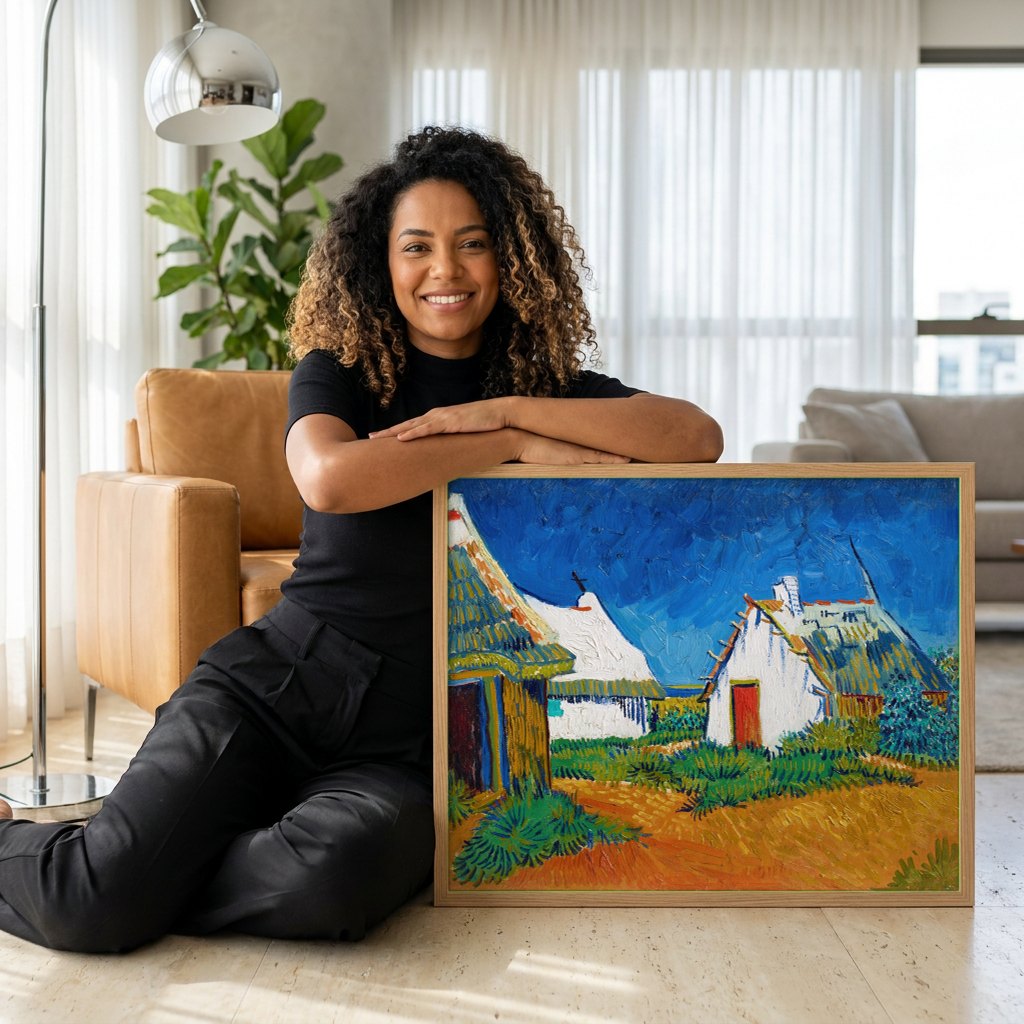 Quadro Decorativo Casas com Telhados de Palha - Van Gogh | modelo apresentando o quadro emoldurado
