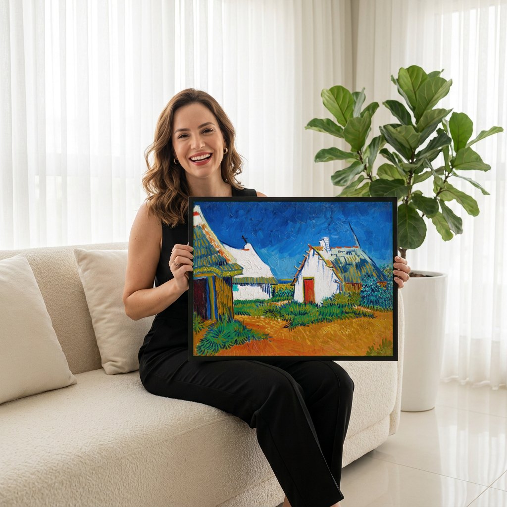 Quadro Decorativo Casas com Telhados de Palha - Van Gogh | modelo apresentando o quadro emoldurado