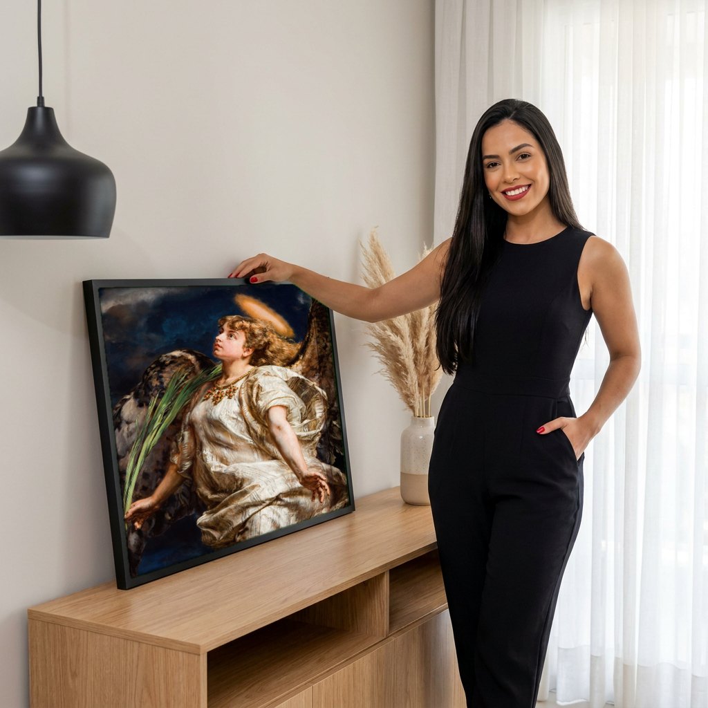 Quadro Decorativo Anjo Querubim - Jan Matejko | modelo apresentando o quadro emoldurado
