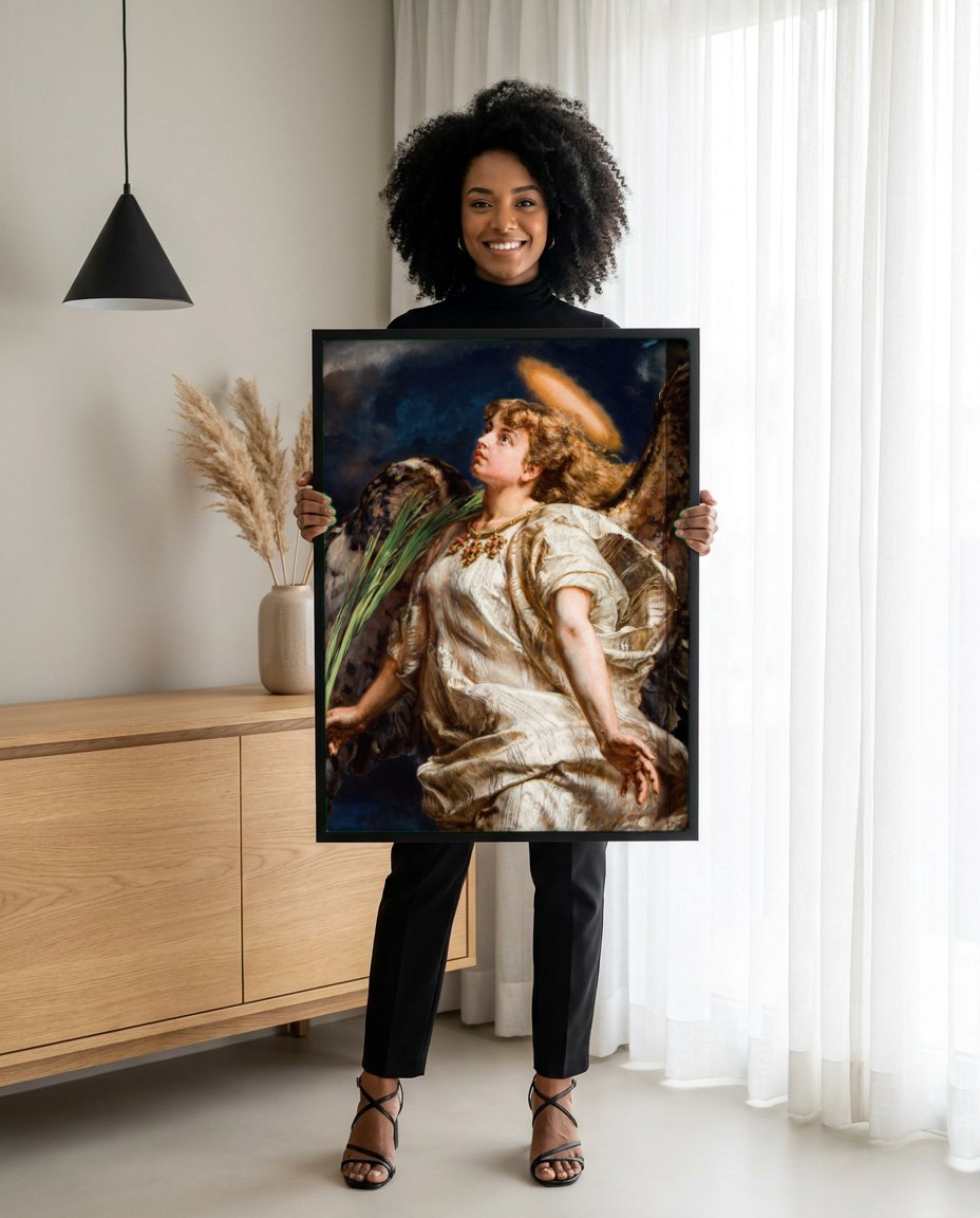 Quadro Decorativo Anjo Querubim - Jan Matejko | modelo apresentando o quadro emoldurado